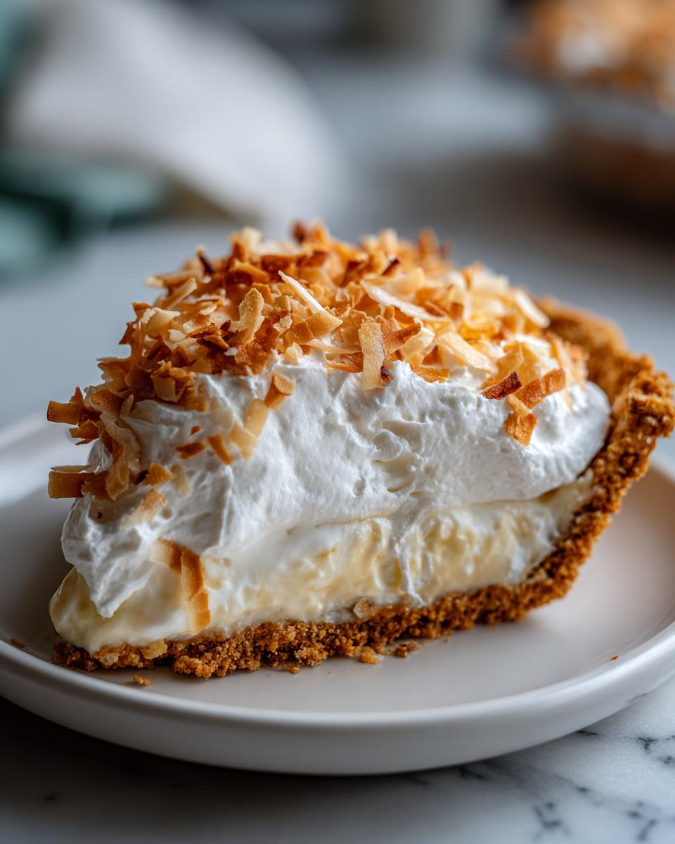 A delicious slice of Holiday Coconut Cream Pie, topped with whipped cream and toasted coconut flakes.