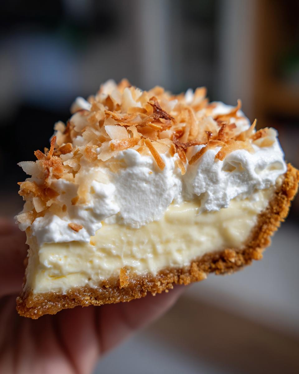 A close-up of a slice of holiday coconut cream pie, topped with whipped cream and toasted coconut flakes.