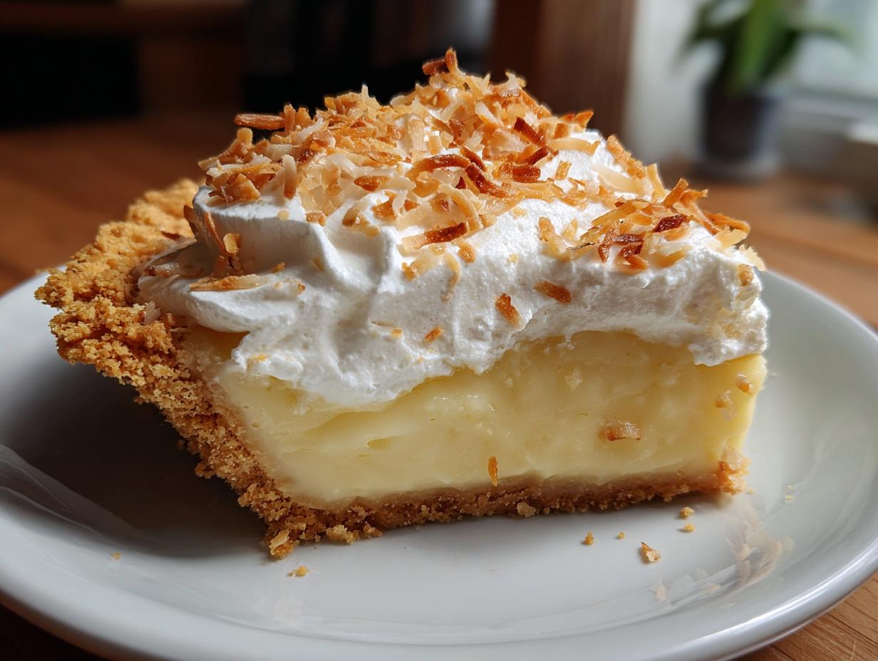 A slice of creamy coconut cream pie topped with whipped cream and toasted coconut flakes, perfect for holiday dessert recipes.