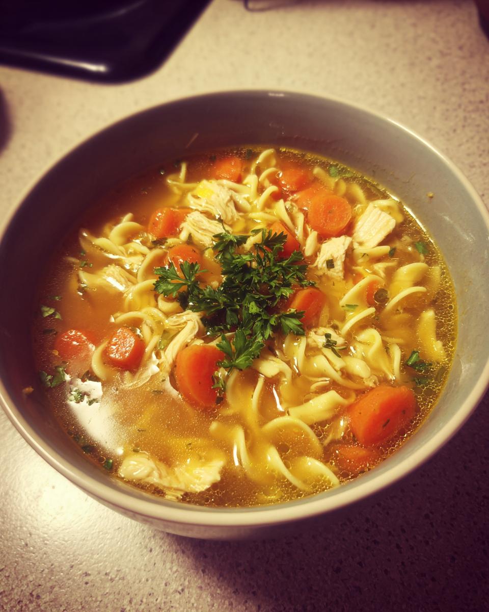 A comforting bowl of homemade chicken noodle soup with carrots, noodles, shredded chicken, and parsley.