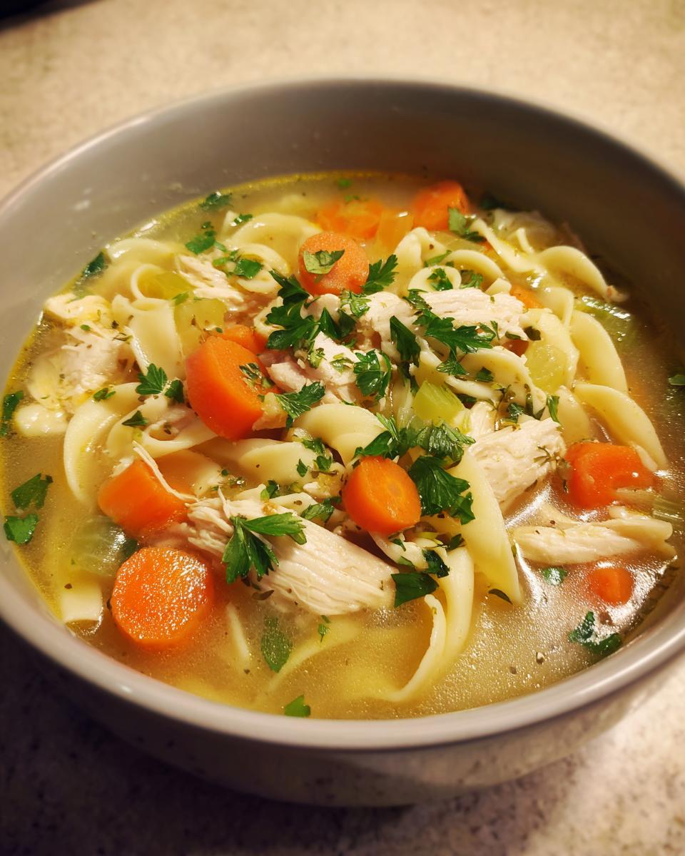 A close-up of a bowl of homemade chicken noodle soup, featuring noodles, shredded chicken, carrots, and parsley.