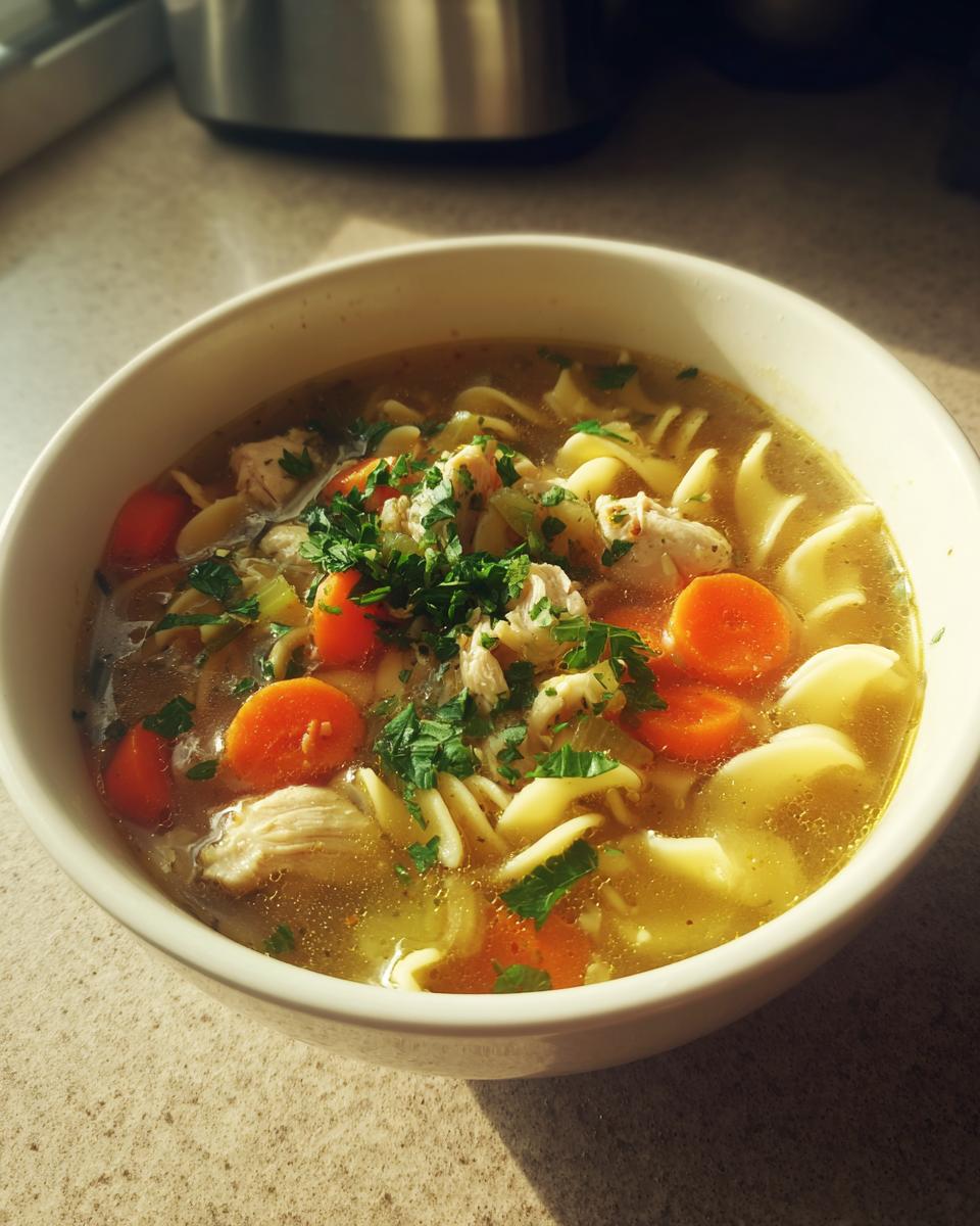 A comforting bowl of homemade chicken noodle soup with carrots, chicken, noodles, and parsley.