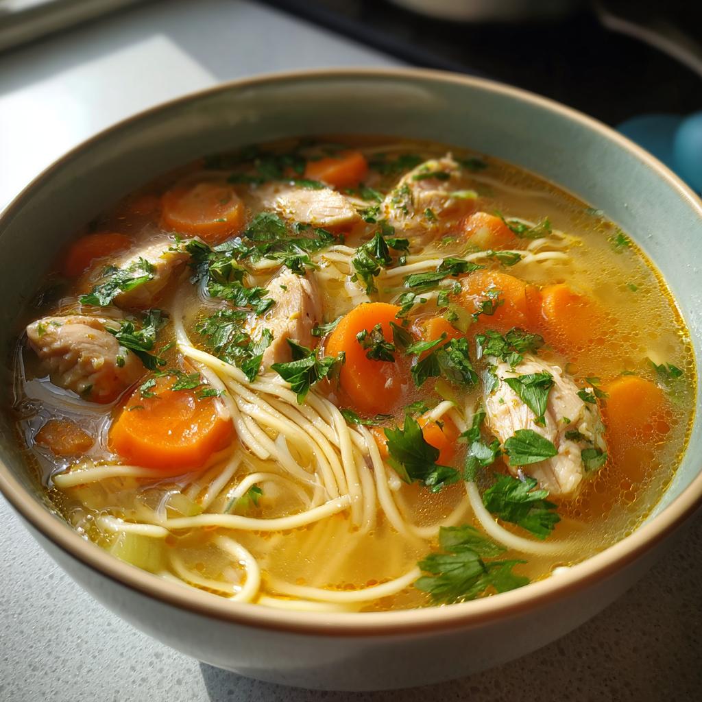 A close-up of a bowl of homemade chicken noodle soup, featuring tender chicken pieces, sliced carrots, and thin noodles in a savory broth, garnished with fresh parsley.