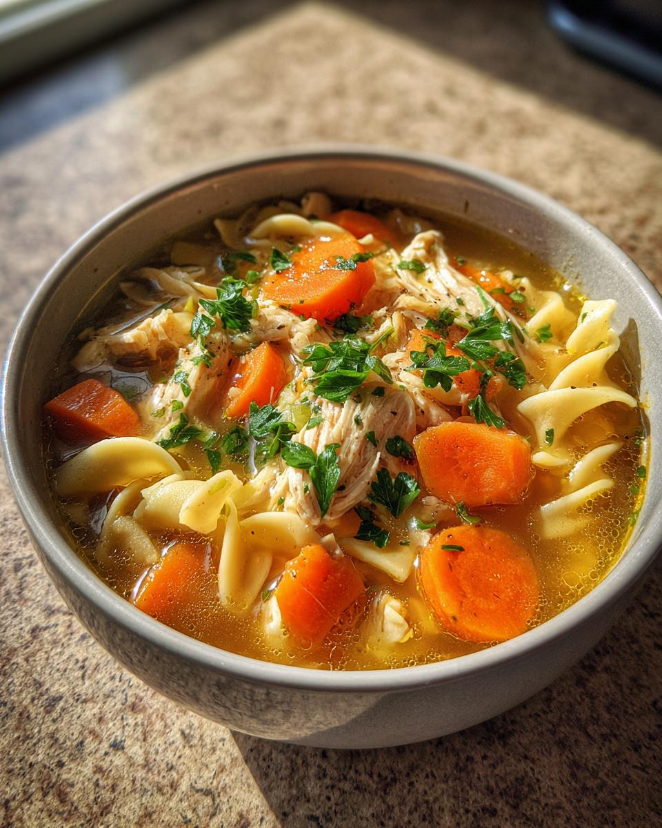 A comforting bowl of homemade chicken noodle soup, featuring shredded chicken, sliced carrots, egg noodles, and fresh parsley.