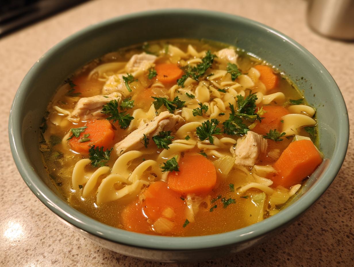 A comforting bowl of homemade chicken noodle soup with tender chicken, carrots, and noodles, garnished with parsley.