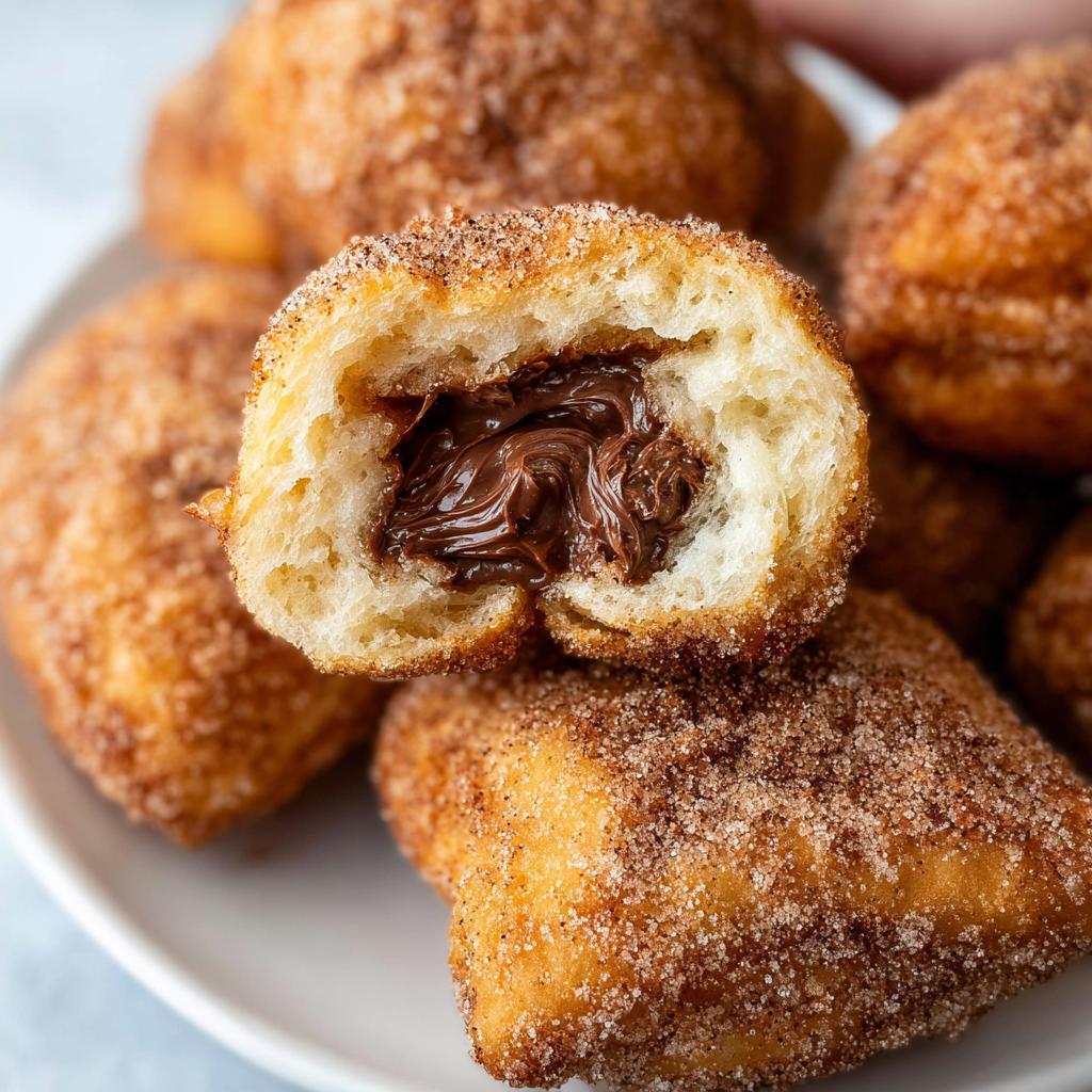 Close-up of homemade churro bites, one split open to reveal a gooey Nutella filling.
