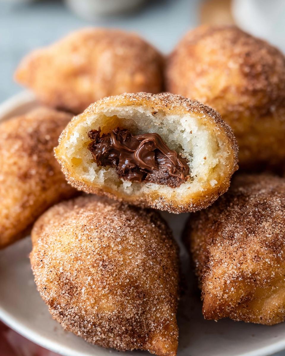 Close-up of a homemade churro bite, cut in half to reveal a gooey Nutella filling.