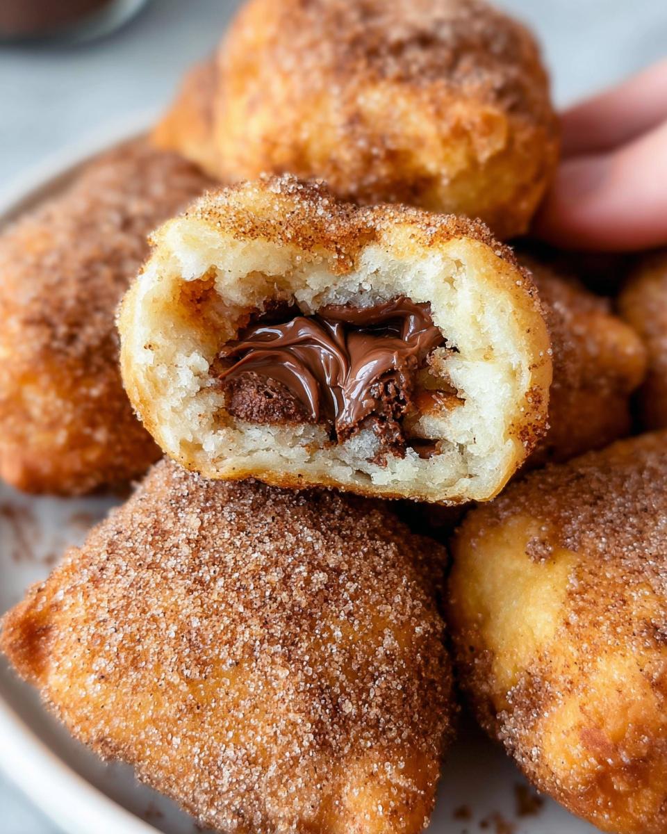 Close-up of a homemade churro bite cut in half, revealing a gooey Nutella filling, coated in cinnamon sugar.