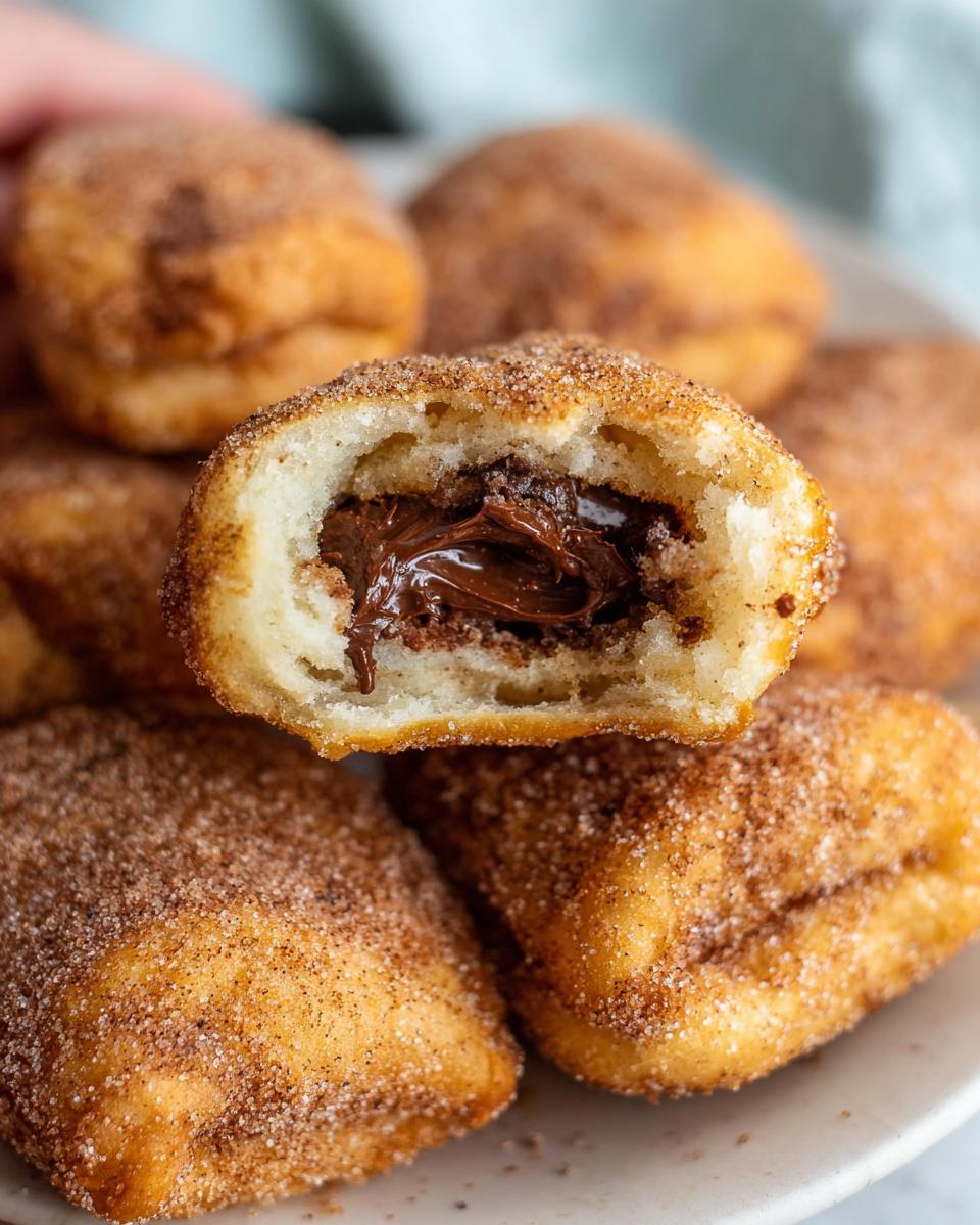 A close-up of a homemade churro bite, cut in half, revealing a gooey Nutella filling.