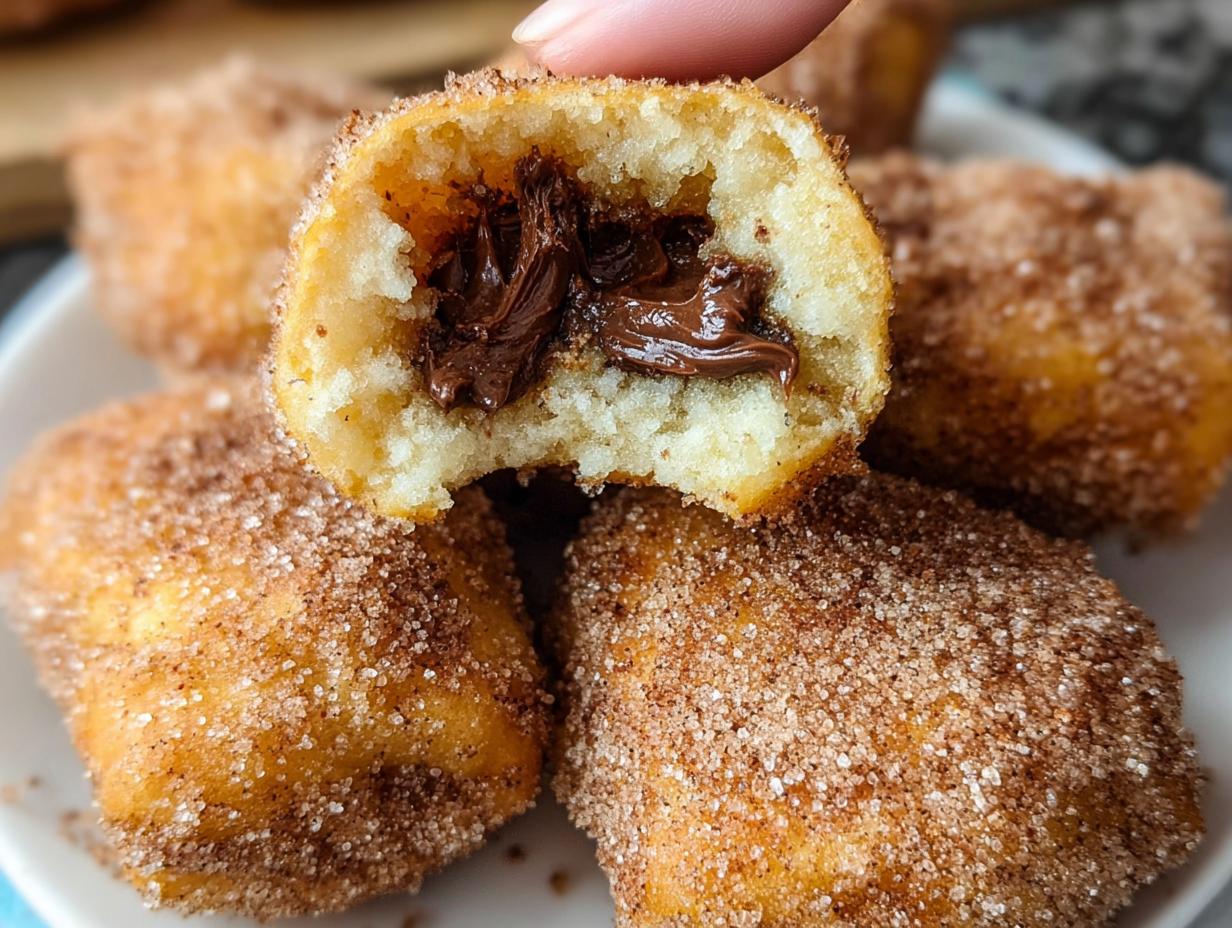 A close-up of a homemade churro bite, split open to reveal a gooey Nutella filling, coated in cinnamon sugar.