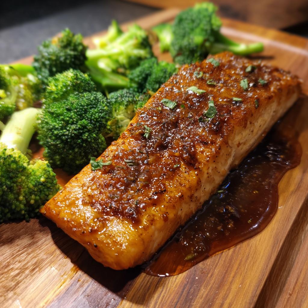 A glistening piece of honey garlic salmon served with steamed broccoli, perfect for easy dinner recipes.
