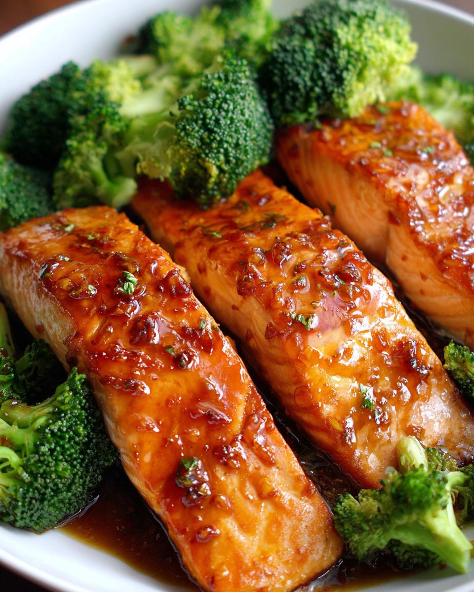 Three fillets of glistening honey garlic salmon served with bright green broccoli florets.
