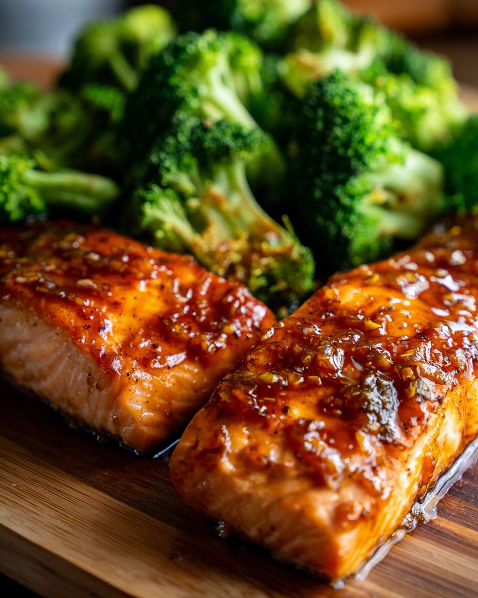 Two fillets of glistening honey garlic salmon served with steamed broccoli, a perfect easy dinner recipe.