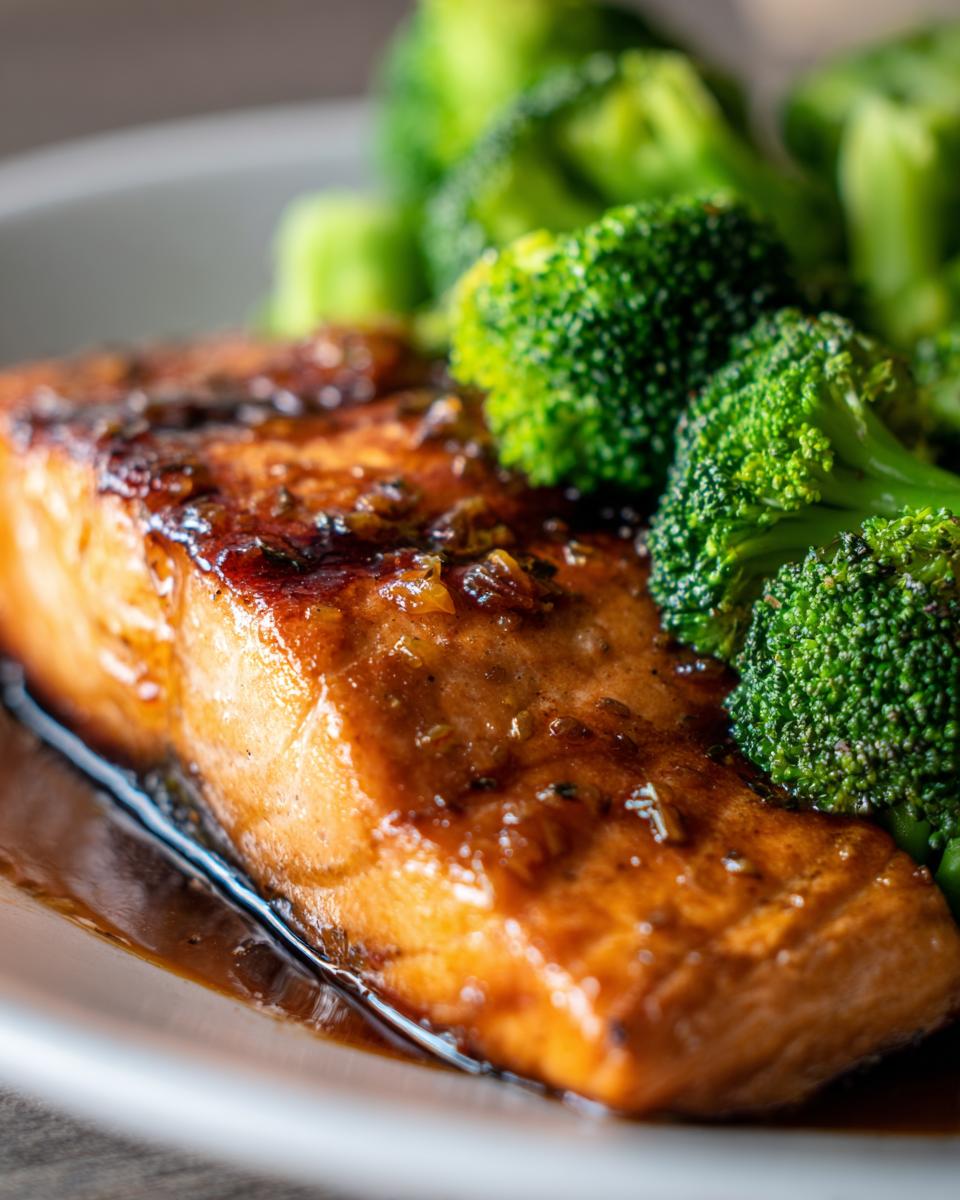 A close-up of a glistening honey garlic salmon fillet served with steamed broccoli florets, showcasing an easy dinner recipe.