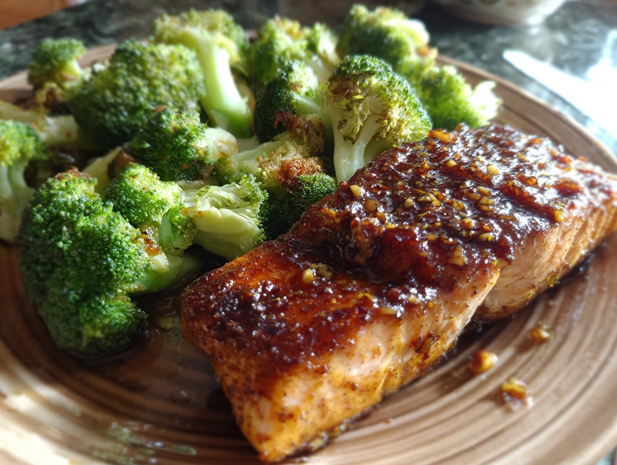 A close-up of a succulent piece of honey garlic salmon served with steamed broccoli, perfect for easy dinner recipes.