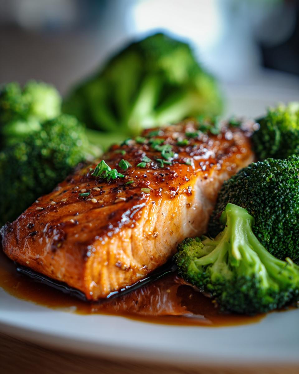 A close-up of a glistening honey garlic salmon fillet served with steamed broccoli florets.