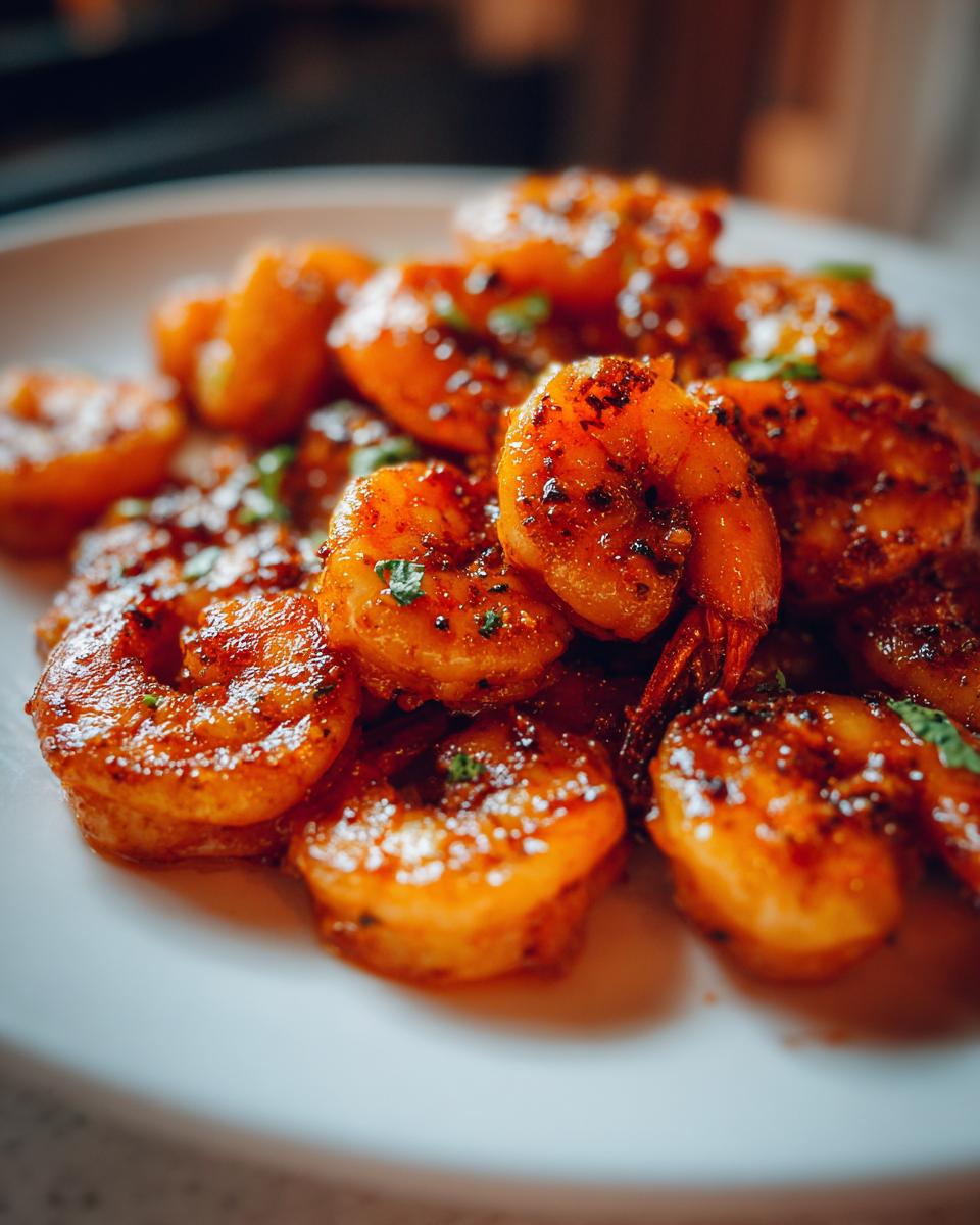 Close-up of glistening honey lime shrimp, seasoned and garnished with herbs, ready for grilling.