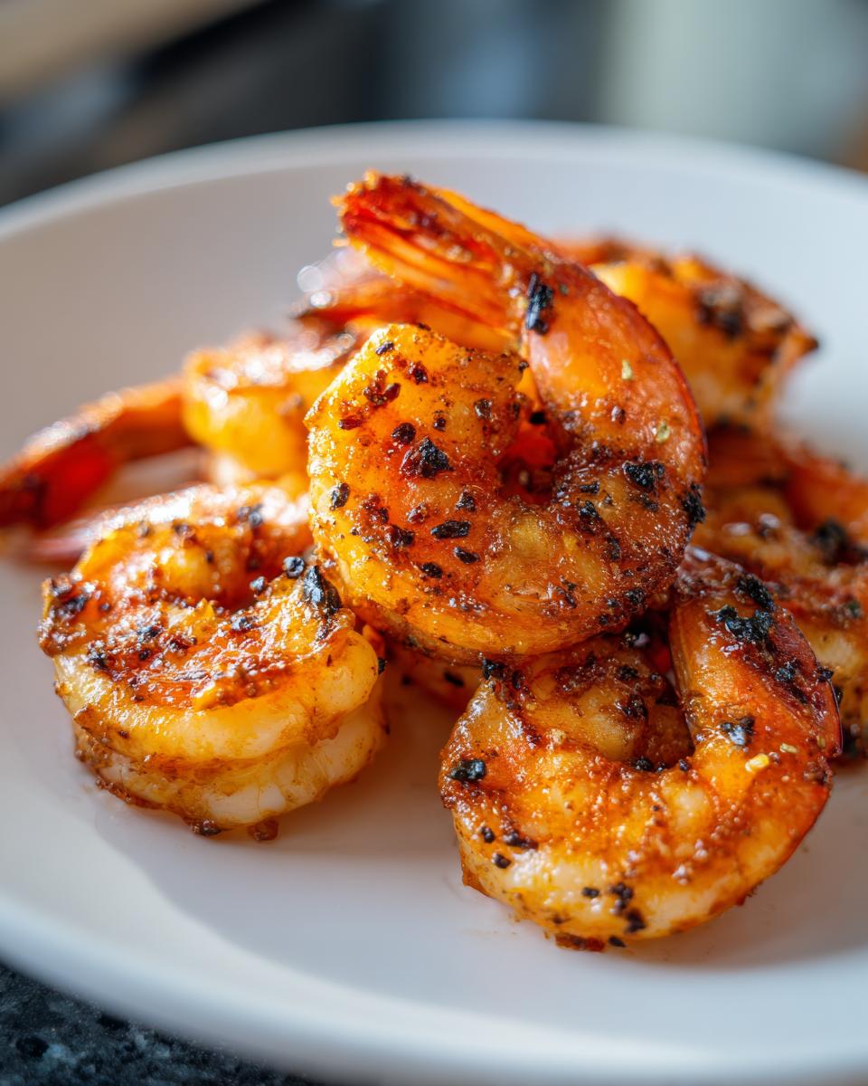 Close-up of grilled honey lime shrimp with a slightly charred, seasoned exterior on a white plate.
