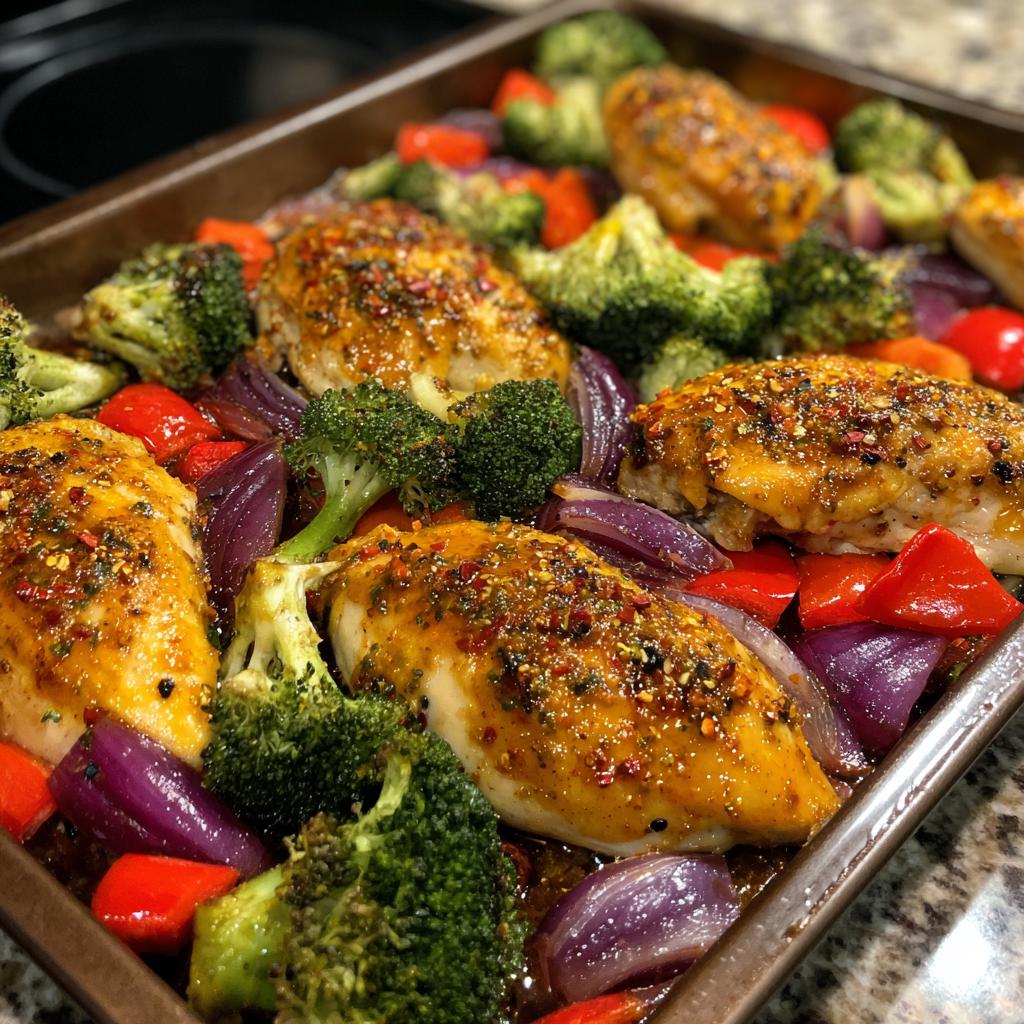 Sheet pan dinner with honey mustard chicken breasts, broccoli, red bell peppers, and red onion.