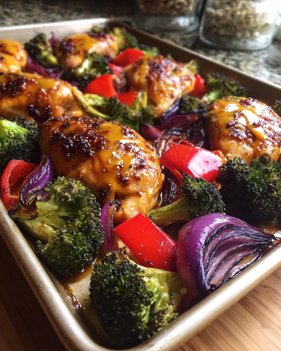 Close-up of honey mustard chicken breast recipes with roasted broccoli, red bell peppers, and red onion on a sheet pan.
