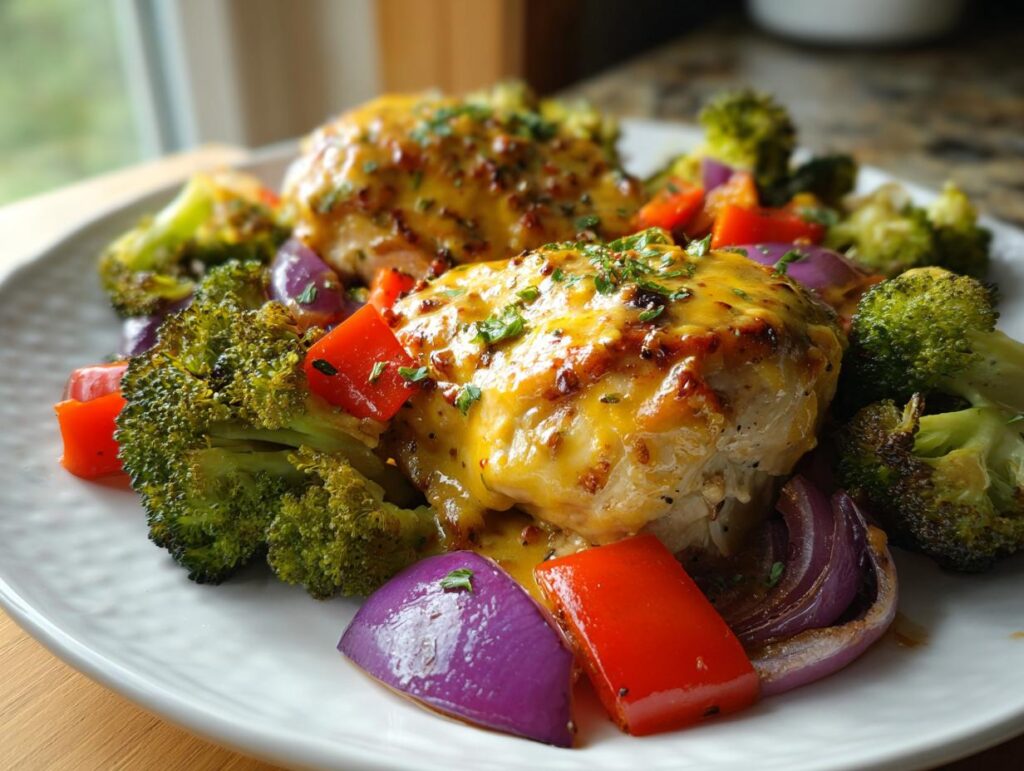 Two chicken breasts topped with honey mustard sauce and served with roasted broccoli, red bell peppers, and red onion.