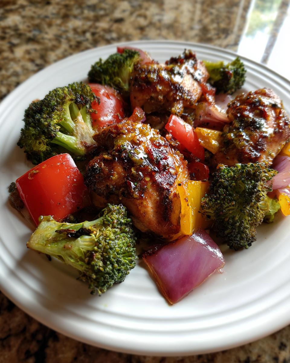 A plate of honey mustard chicken breast pieces with roasted broccoli, red bell peppers, yellow bell peppers, and red onion.
