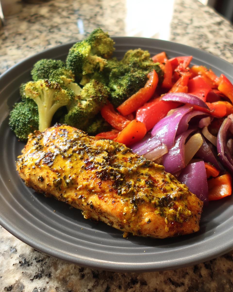 A close-up of a honey mustard chicken breast served with roasted broccoli, red bell peppers, and red onion on a dark plate.