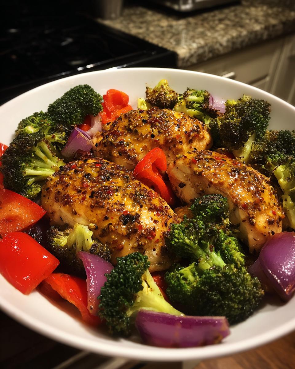 Close-up of honey mustard chicken breast recipes with sheet pan vegetables like broccoli, red bell peppers, and red onion.