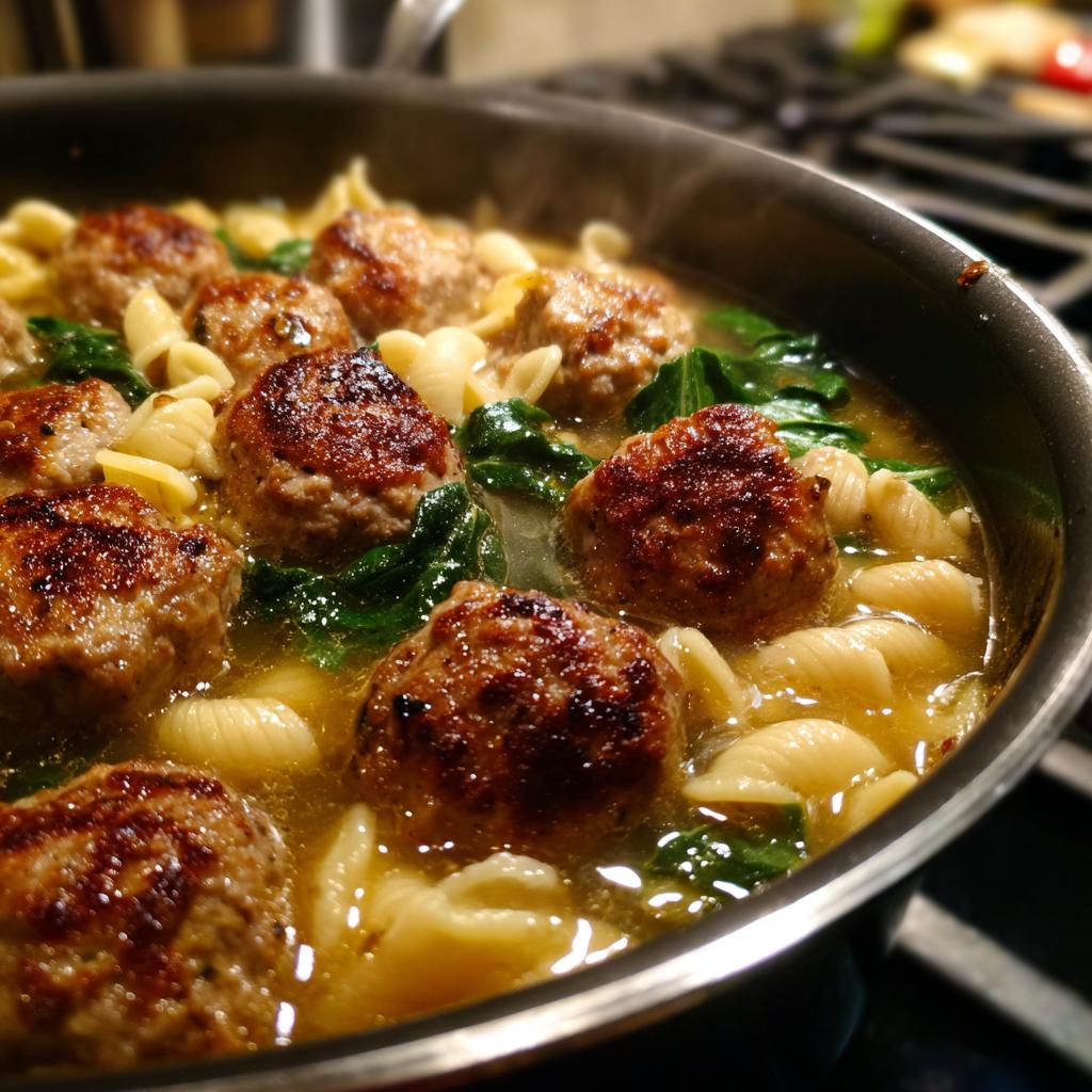 Close-up of steaming Italian Wedding Soup with tender meatballs, shell pasta, and greens in a savory broth.