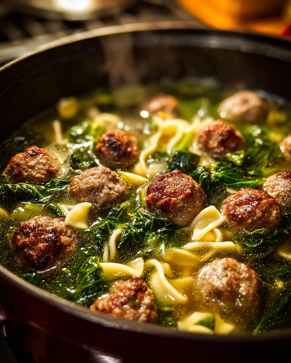 Close-up of steaming Italian Wedding Soup with meatballs, pasta, and greens in a pot.