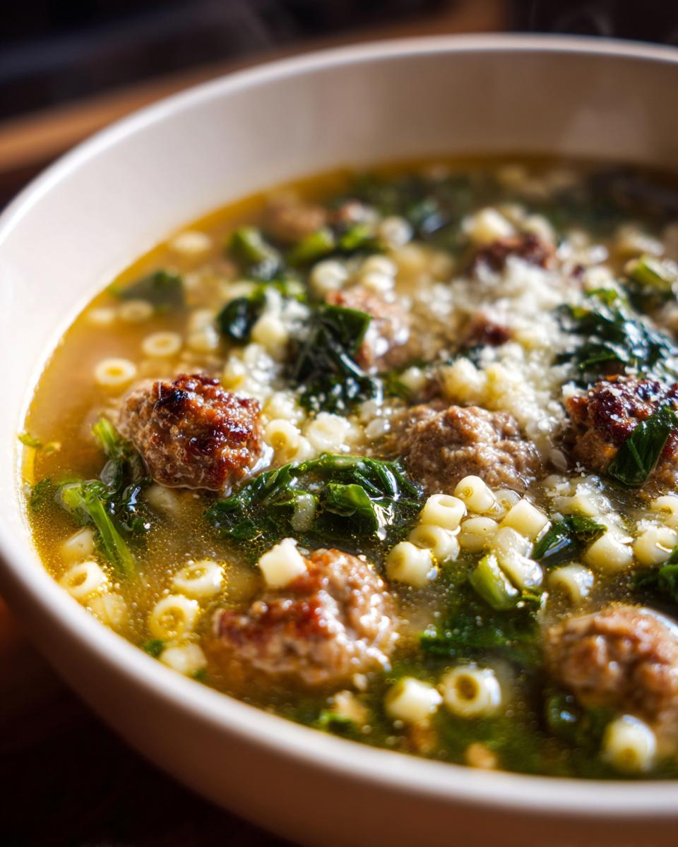 A steaming bowl of Italian Wedding Soup, featuring tender meatballs, ditalini pasta, and wilted greens, topped with grated Parmesan cheese.
