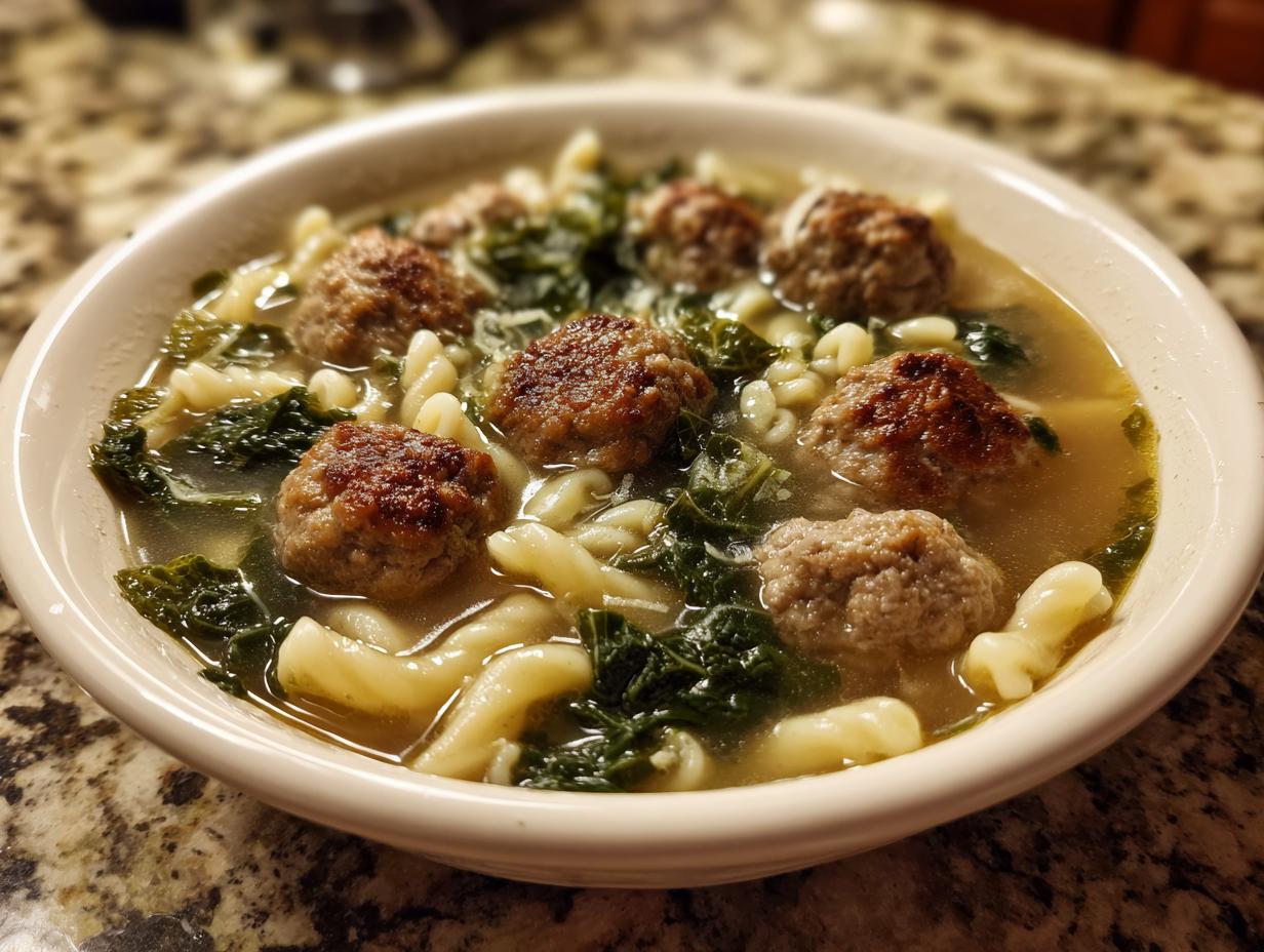 A close-up bowl of Italian Wedding Soup featuring small meatballs, pasta, and greens in a savory broth.