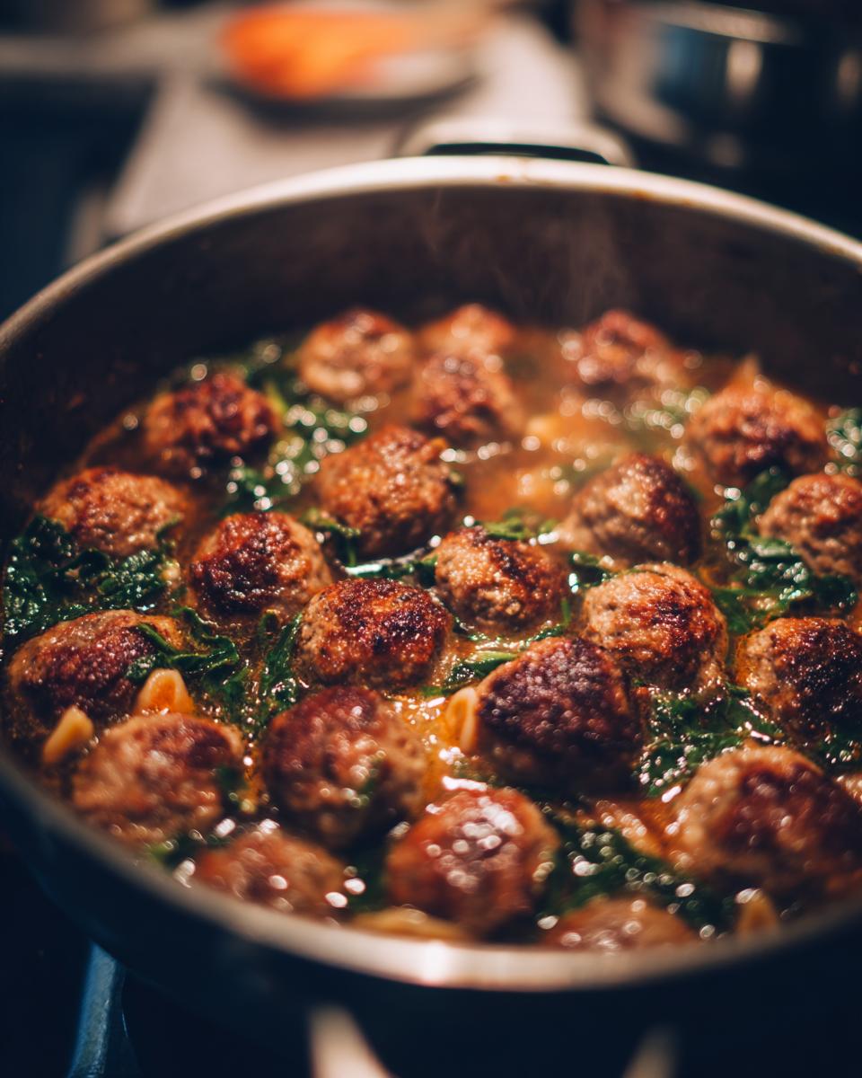Close-up of Italian Wedding Soup with meatballs and greens simmering in a pot.