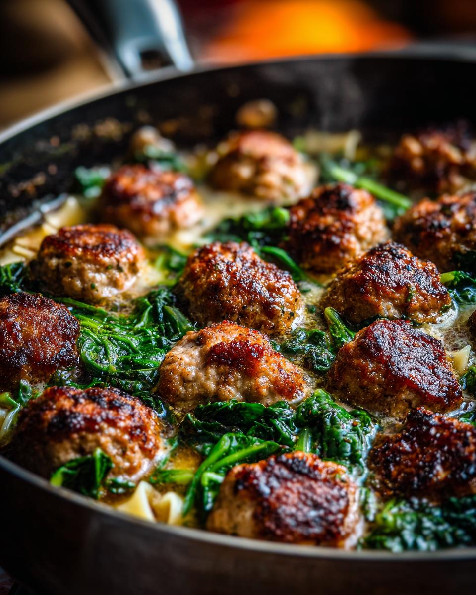 Close-up of browned meatballs simmering in broth with spinach and pasta, part of Italian Wedding Soup.