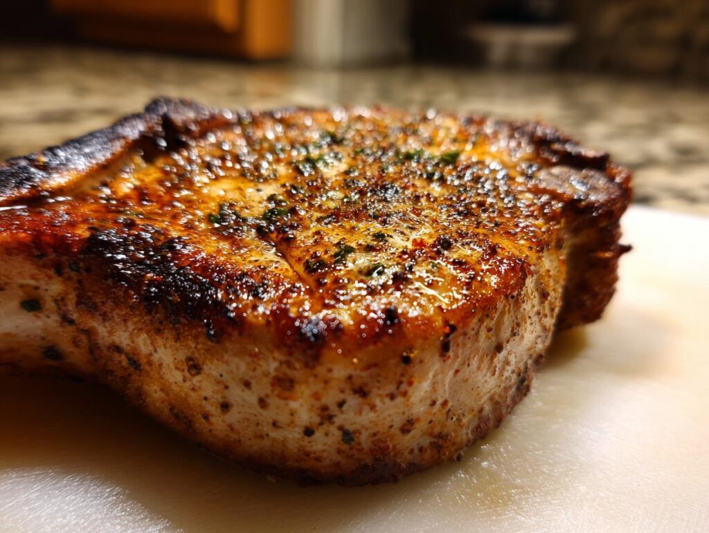 Close-up of a perfectly cooked, juicy pork chop seasoned with herbs and spices, made using air fryer recipes.