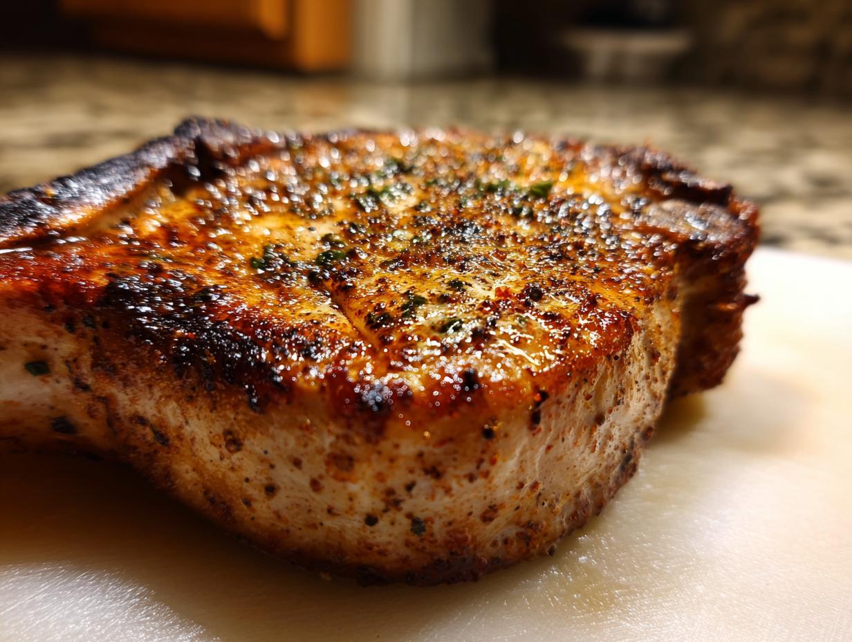 Close-up of a perfectly cooked, juicy pork chop seasoned with herbs and spices, made using air fryer recipes.
