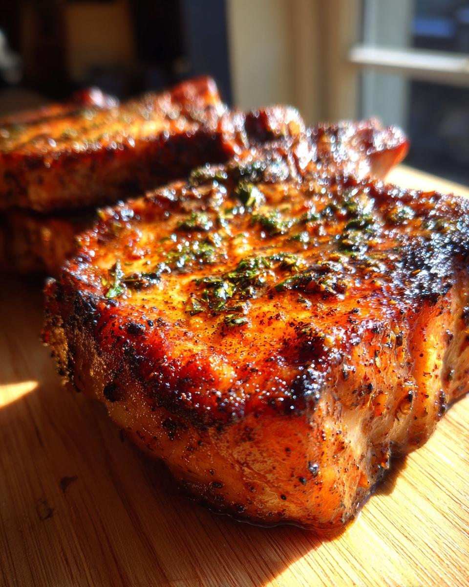 Close-up of perfectly cooked, juicy pork chops seasoned with herbs, made using air fryer recipes.