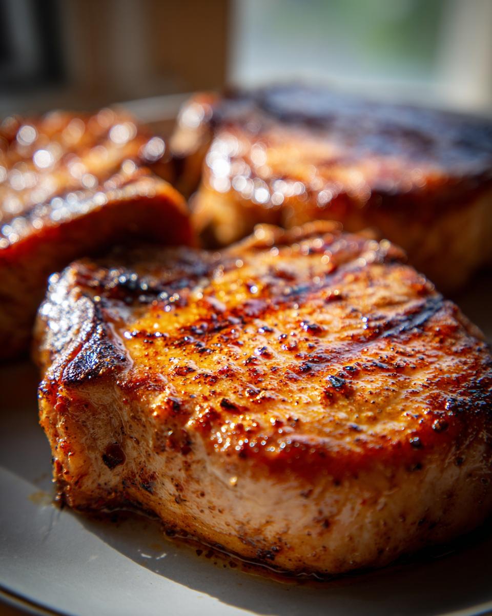 Close-up of perfectly cooked, juicy pork chops with a golden-brown crust, made using air fryer recipes.