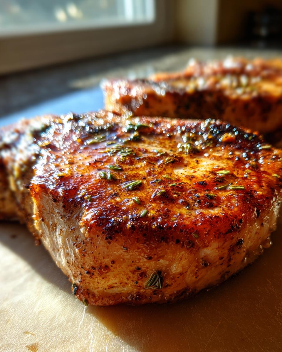 Close-up of perfectly cooked, juicy pork chops seasoned with herbs, fresh from the air fryer.