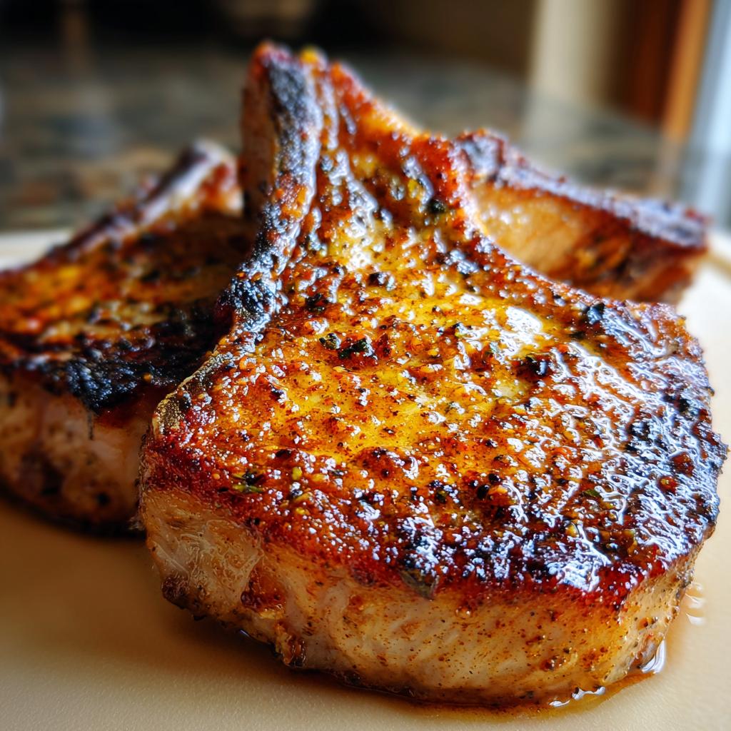 Close-up of two perfectly cooked, juicy pork chops seasoned with spices, made using air fryer recipes.