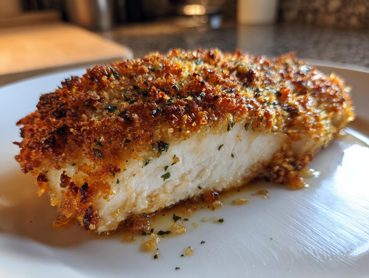 A close-up of a juicy baked Parmesan chicken breast with a crispy golden-brown crust.
