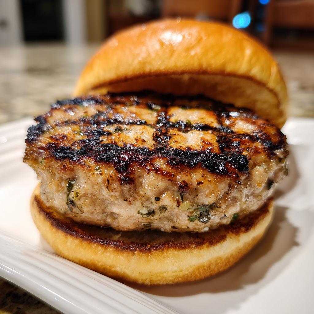Close-up of a perfectly grilled turkey burger with char marks, nestled in a soft bun.