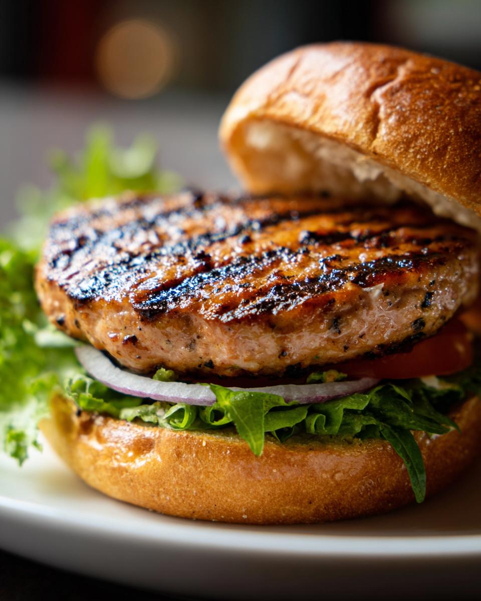 Close-up of a juicy grilled turkey burger with distinct grill marks, nestled in a bun with lettuce, tomato, and onion.
