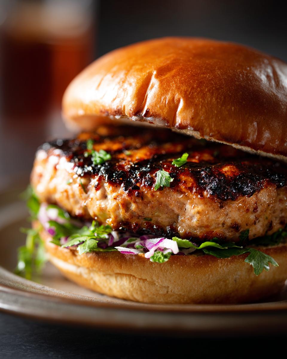 Close-up of a juicy grilled turkey burger on a bun with fresh greens and red cabbage.