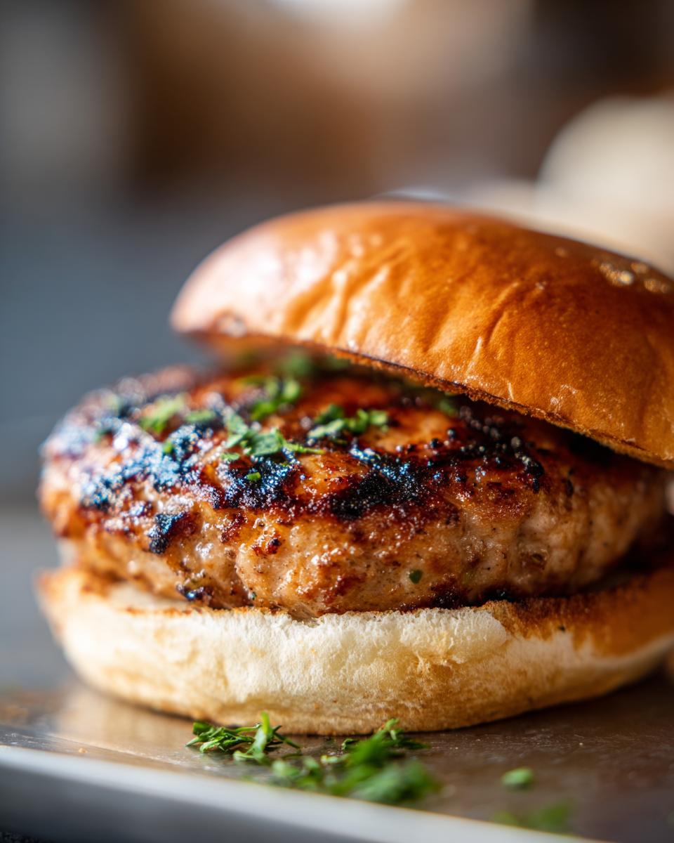 Close-up of a perfectly grilled turkey burger on a bun, topped with fresh parsley, showcasing juicy texture.