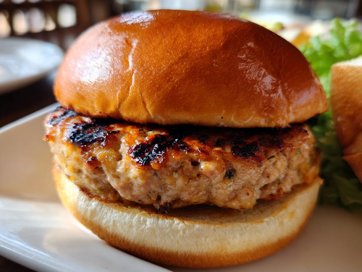 Close-up of a perfectly grilled turkey burger, showcasing its juicy texture and grill marks, served on a toasted bun.