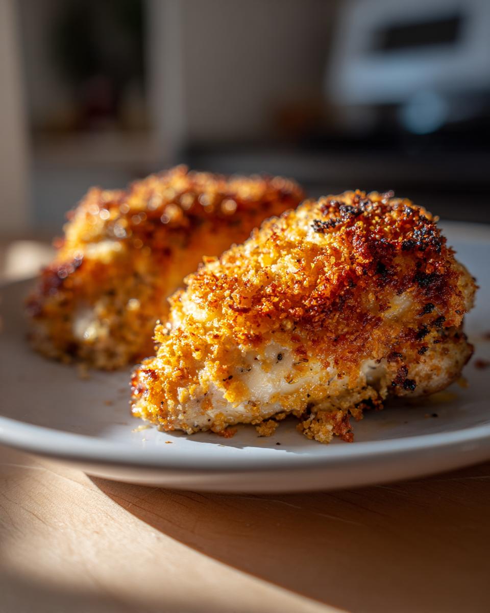 Two baked chicken breasts with a golden parmesan crust on a white plate.