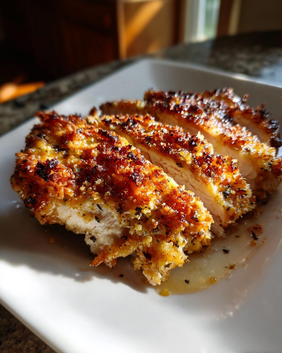 Close-up of sliced, baked Juicy Parmesan Chicken Breast, showing a golden-brown crispy crust and moist interior.