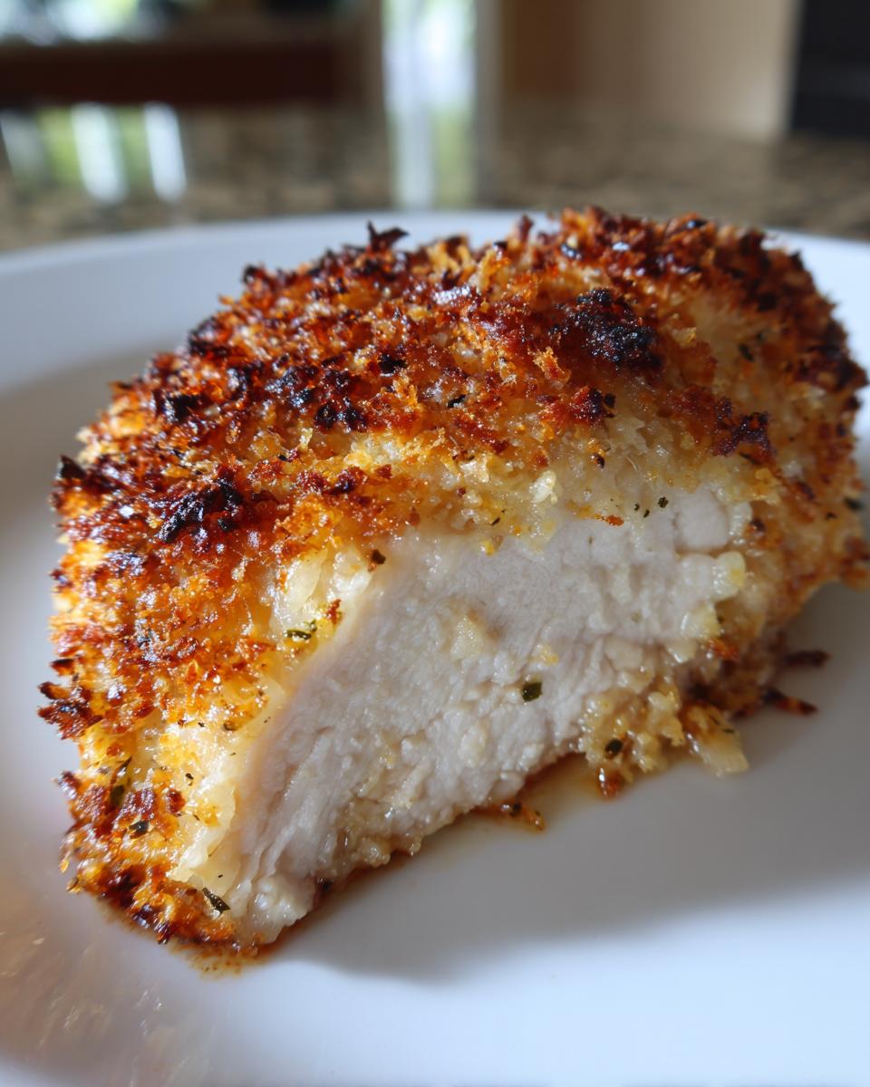 A perfectly baked slice of juicy Parmesan chicken breast, showing a golden-brown crispy coating and moist interior.