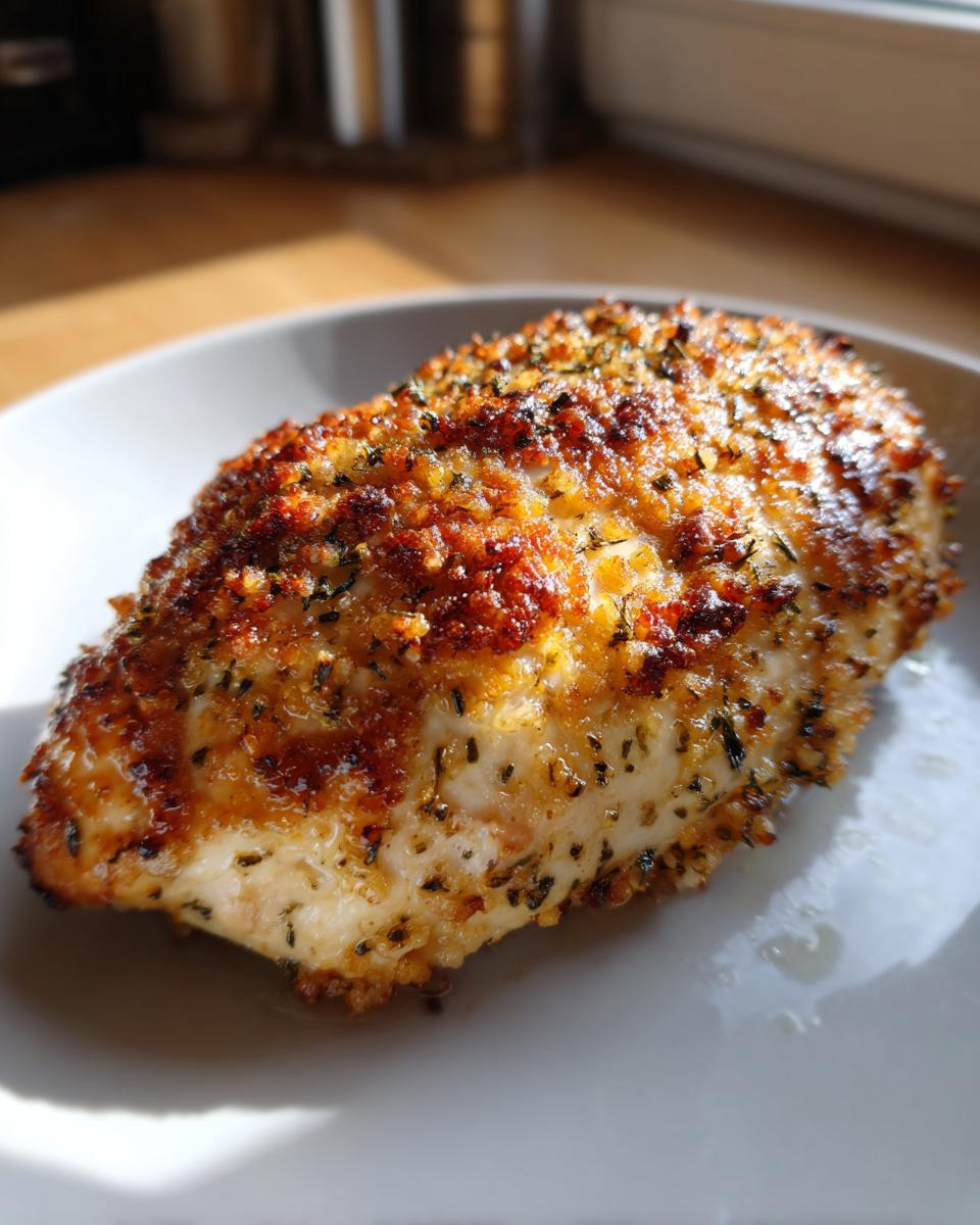 A perfectly baked juicy parmesan chicken breast on a white plate, coated in golden breadcrumbs and herbs.